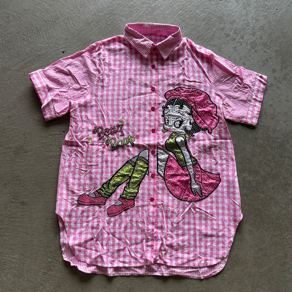Vintage Y2K Betty Boop Button Up Shirt Womens Medium Pink Gingham Sequin Plaid